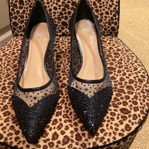 Navy Silk Rhinestone Kitten Heel Pumps Size 42 / 11
